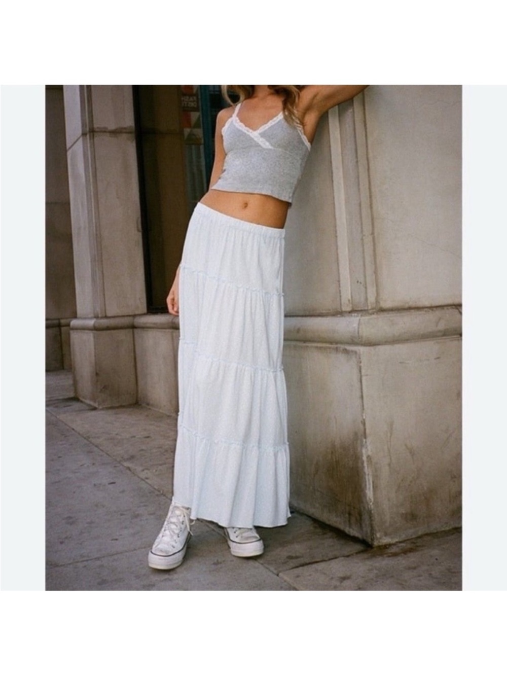 Brandy Melville White Tiered Maxi Skirt one size